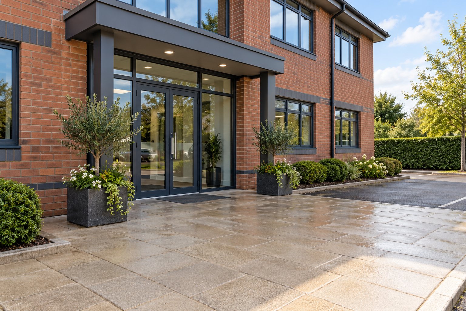Illustrative clean entrance and paved forecourt of a brick commercial building