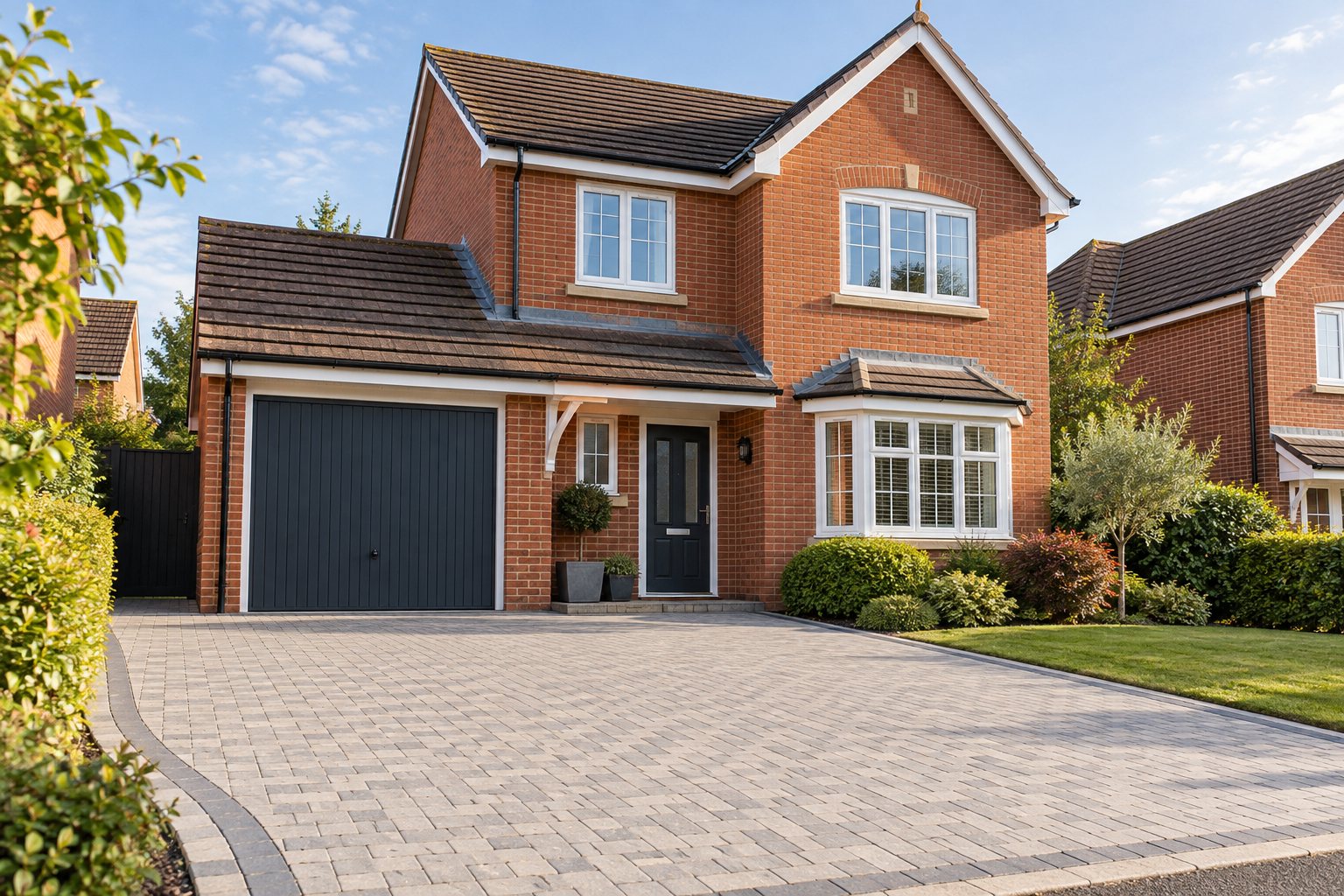 Illustrative British brick home with a clean block-paved driveway